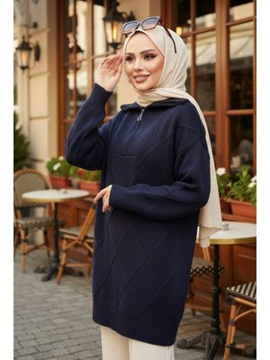 Neva Style Baklava Detaylı Lacivert Triko Kazak Tunik 83961l