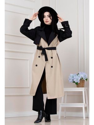 Sevitli Bej İki Renk Cepken Detaylı Trençkot