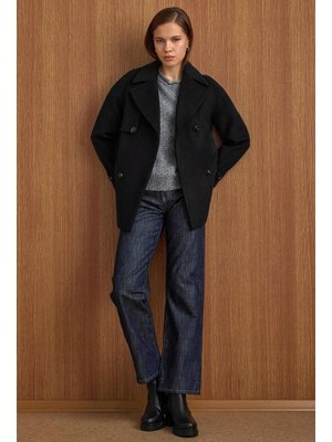 Olcay Siyah Pelerin Ve Kol Patı Detaylı Kruvaze Kısa Kaban