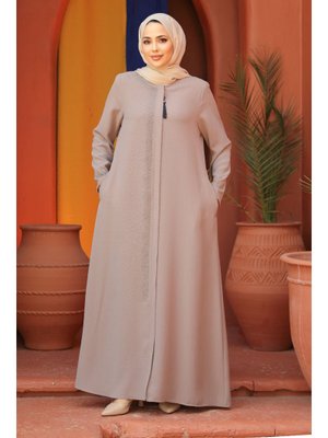 Neva Style Boncuk Detaylı Bej Abaya 26331bej