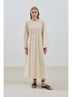 MANUKA Dokulu Nakış Detaylı Elbise Natural