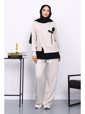 İmaj Butik Taş Bisiklet Yaka Gül Detaylı Tunik Pantolonlu Modal Takım