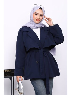 İmaj Butik Lacivert Kravuze Yaka Düğmeli Kısa Trençkot