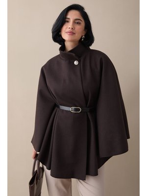 InStyle Kemerli Kaşe Acı Kahve Kısa Panço