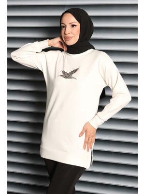 Tofisa Beyaz Kuş Taşlı İşlemeli Modal Tunik