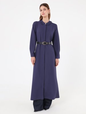 Refka Lacivert Krep Kumaşlı Yakası Fırfır Detaylı Kap / Pardesü