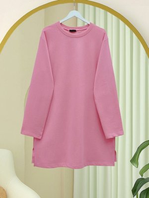Podyumplus Pembe Yuvarlak Yaka Yırtmaçlı Salaş Penye Tunik