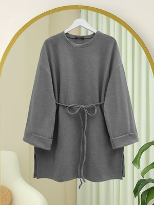 Podyumplus Gri Kolu Katlı Beli Bağlamalı Yırtmaçlı Selanik Tunik