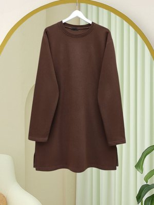 Podyumplus Kahve Yuvarlak Yaka Yırtmaçlı Salaş Penye Tunik