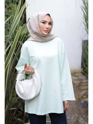 İmaj Butik Su Yeşili Bisiklet Yaka Oversize İki İplik Tunik