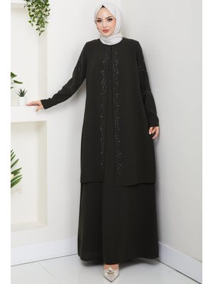 Hafsa Mina Haki Büyük Beden Boncuklu Taşlı Anne Elbisesi