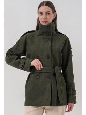 Bigdart Haki Kuşaklı Kaşe Kaban