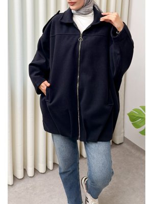 Salih Çelebi Lacivert Fermuarlı Oversize Kaşe Kaban