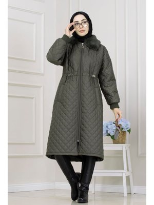 Sevitli Haki Yakası Kürklü Capitone Mont