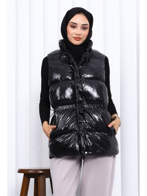 İmaj Butik Siyah Bel Lastikli Çift Cepli Şişme Yelek