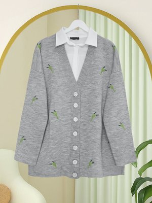 Podyumplus Gri Taşlı Düğmeli Dal Desenli Triko Hırka