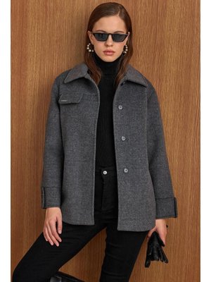 Olcay Koyu Gri Gömlek Yaka Kuşak Detaylı Oversize Kısa Kaban