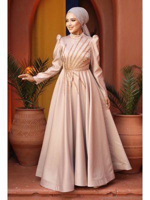 Neva Style Boncuk İşlemeli Vizon Saten Abiye Elbise 2265v
