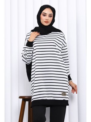 İmaj Butik Ekru Çizgili Bisiklet Yaka Armalı Tunik