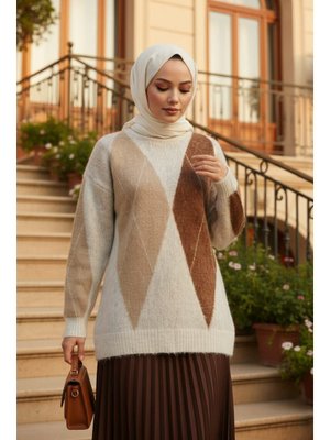Neva Style Baklava Desenli Bej Triko Kazak Tunik 8740bej