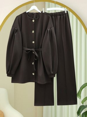 Podyumplus K. Kahve Balon Kol Beli Kuşaklı Önü Düğmeli Scuba Takım