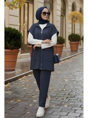 İmaj Butik Lacivert Scuba Yelek Pantolonlu Üçlü Takım