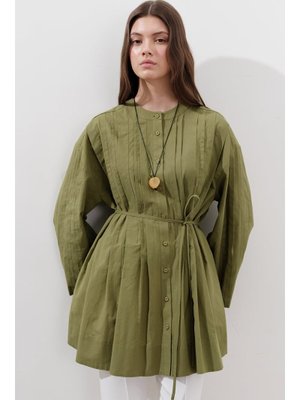 MANUKA Yeşil Nervürlü Geniş Kollu Tunik