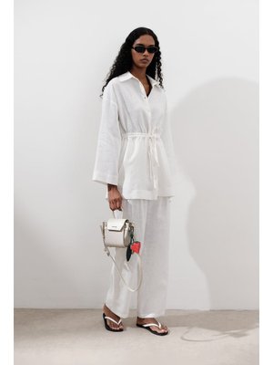 MANUKA Ekru Keten Beli Bağlamalı Tunik