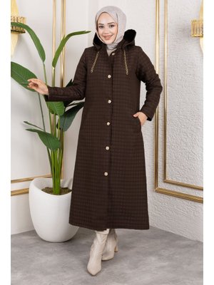 Tesettür Dünyası Acı Kahve Kapüşonlu Zincir Detaylı Kapitone Kap