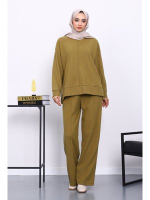 İmaj Butik Yağ Yeşili Üst Ve Pantolonu Nervür Dikişli Selanik Takım