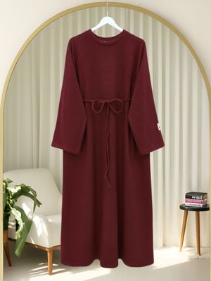 Podyumplus Bordo Beli Bağlamalı Yuvarlak Yaka Selanik Elbise