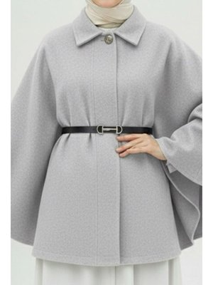 İmaj Butik Gri Kemerli Kaşe Panço