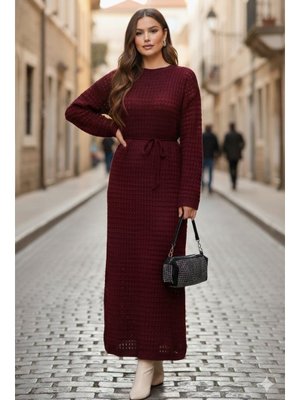 Benguen Kırmızı Palmiye Fileli Triko Elbise