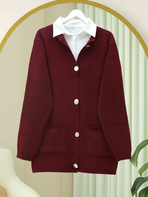 Podyumplus Bordo Önü Düğmeli Çift Cepli Yumoş Triko Hırka