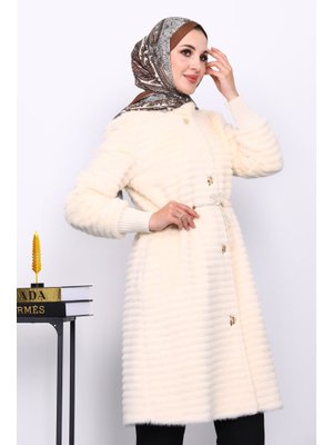 İmaj Butik Krem Bel Lastikli Angora Kürk Kaban