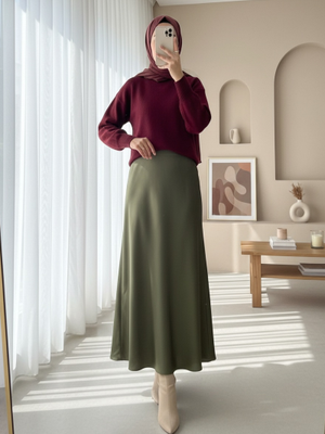 Podyumplus Haki Beli Lastikli Saten Etek