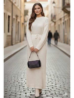 Benguen Ekru Palmiye Fileli Triko Elbise