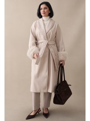 InStyle Kolu Peluş Astarsız Bej Kaşe Kaban