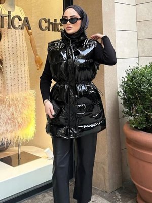 Harmatime butik Fermuarlı Çıt Çıtlı Cepli Siyah Parlak Şişme Yelek