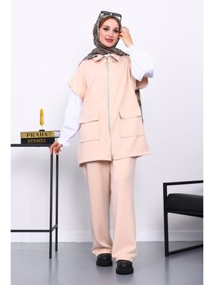 İmaj Butik Bej Fermuarlı Yelek Pantolonlu Scuba Takım