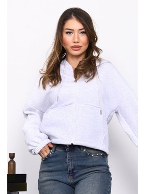 İmaj Butik Açık Gri Sağ Kol Fermuarlı Cepli Üç İplik Sweat Hırka