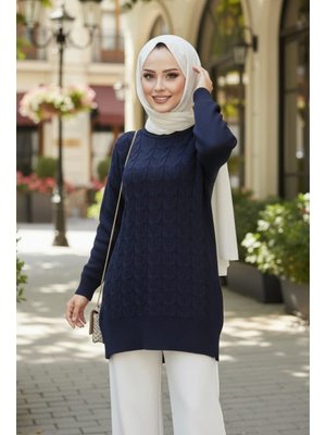 Neva Style Örgü Detaylı Koyu Lacivert Triko Kazak Tunik 8652kl