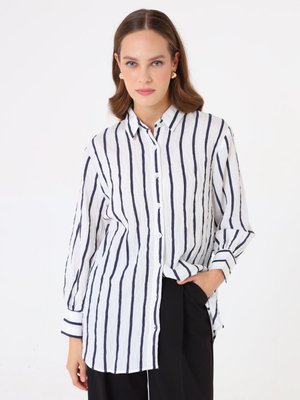 Benin Çizgili Klasik Bluz / Gömlek Lacivert Cizgili