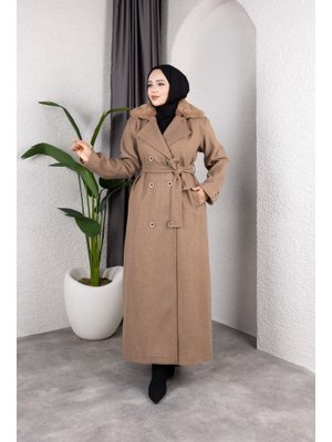 Pamuk Butik Kruvaze Kürk Yaka Kuşaklı Tam Boy Manto Kaban