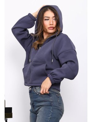 İmaj Butik Füme Sağ Kol Fermuarlı Cepli Üç İplik Sweat Hırka