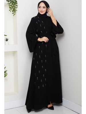 Hafsa Mina Siyah Kuşaklı Çiçek Taşlı Ferace