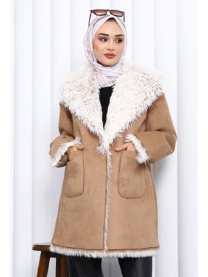 İmaj Butik Vizon Kruvaze Yaka İçi Kürklü Süet Mont