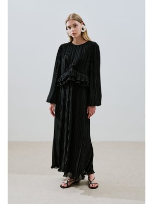 MANUKA Siyah Mila Piliseli Katlı Elbise