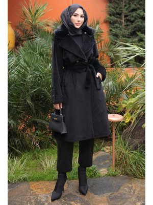 İmaj Butik Siyah Yaka Kürklü Angora Kaban