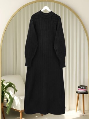 Podyumplus Siyah Fitilli Yırtmaçlı Uzun Triko Elbise